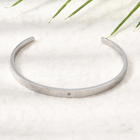 304 Stainless Steel Micro Pave Clear Cubic Zirconia Roman Numerals Open Cuff Bangles for Women SA-CBAC920-09P-1