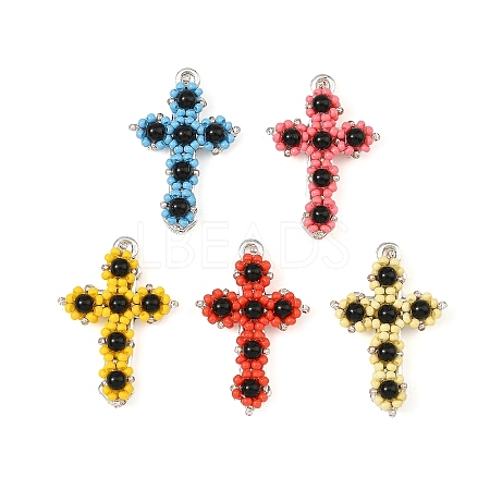 Natural Black Onyx(Dyed & Heated) & Glass Seed Beaded Pendants PALLOY-MZ01404-1