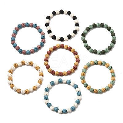 7Pcs 7 Colors Dyed Natural Lava Rock Round Beads Stretch Bracelets for Men Women BJEW-JB12334-1