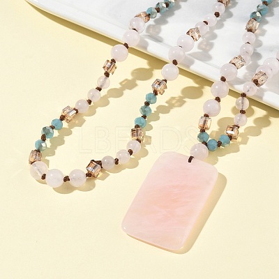 Natural Rose Quartz Rectangle Pendant Glass Beaded Long Necklaces GG-CBAE048-02B-1