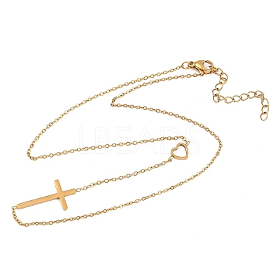 Religion 304 Stainless Steel Heart Cross Link Chain Necklaces NJEW-H093-03G-1