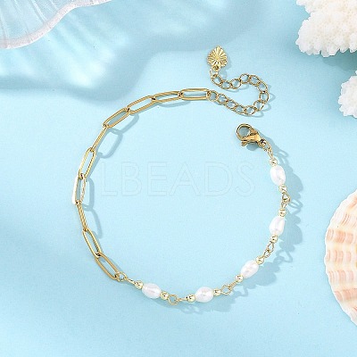 Natural Pearl Two Sides Polished Beaded Chain Bracelets with 304 Stainless Steel Paperclip Chains BJEW-JB14234-03-1