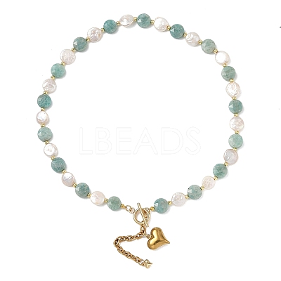 Natural Amazonite & Keshi Pearl Coin Beaded Necklaces for Women NJEW-JN06666-1