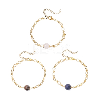 3Pcs Natural Rose Quartz & Tiger Eye & Lapis Lazuli & Brass Link Chain Bracelet Sets BJEW-JB12646-1