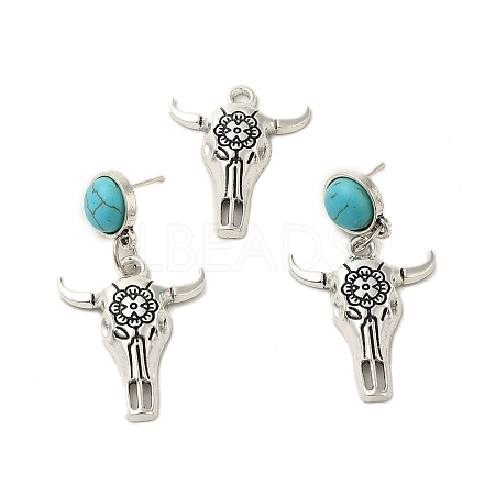 Synthetic Turquoise & Cattle Alloy Pendant Studs Earrings Sets SJEW-K002-04-1