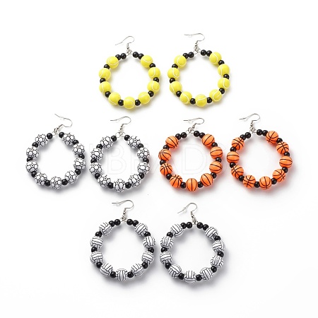 Sport Theme Acrylic Round Beaded Dangle Earrings EJEW-JE04978-1