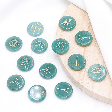 13Pcs Flat Round Carved Natural Green Aventurine Rune Stones PW-WG5B00E-01-1