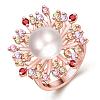 Classic Flower Brass Pearl Cubic Zirconia Wide Band Finger Rings RJEW-BB04471-7RG-1
