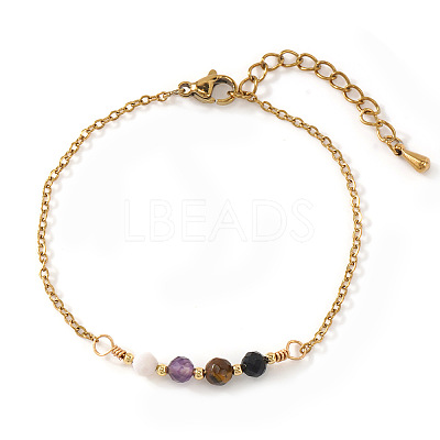 Faceted Round Natural Black Onyx(Dyed & Heated) & Tiger Eye & Amethyst & Shell Beaded Bracelets with Stainless Steel Cable Chains NW1316-1