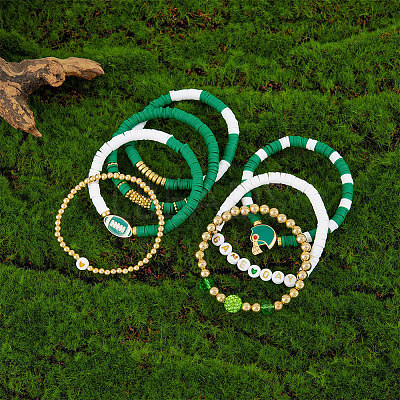 8Pcs 1Bag Rugby Polymer Clay Heishi & CCB Plastic Beaded Stretch Bracelets Set BJEW-PA0001-12D-1