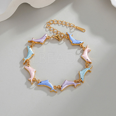 304 Stainless Steel Enamel Colorful Dolphin Link Chain Bracelets for Women WG28F33-01-1