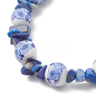 Handmade Flower Printed Porcelain Ceramic & Dyed Natural Lapis Lazuli Beaded Bracelets for Women BJEW-JB12967-1
