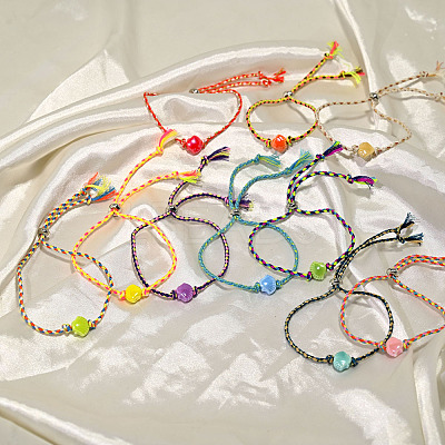 10Pcs 10 Colors Boho Handmade Porcelain Shell Shaped Adjustable Braided Cotton Cord Slider Bracelet Sets for Women WG2C478-01-1