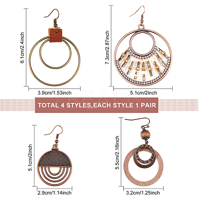 4 Pairs 4 Styles Alloy & Iron & Wood Dangle Earrings with Iron Pins EJEW-AN0004-58-1