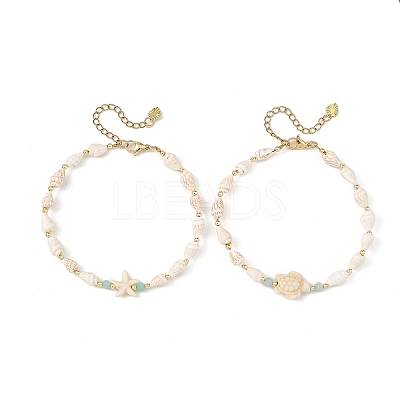 2Pcs 2 Styles Summer Beach Natural Sea Shell Conch & Synthetic Turquoise Beaded Anklet Sets for Women AJEW-AN00886-1