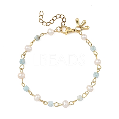 Natural Pearl & Larimar Cube Beaded Chain Bracelets for Women BJEW-JB14246-1