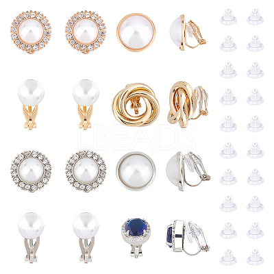 8Pairs 8 Style Half Round & Round & Twist Brass Clip-on Earrings with Plastic Pearl EJEW-PH0001-09-1-1