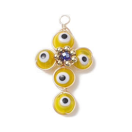 Brass Wire Wrapped Handmade Evil Eye Lampwork Pendants PALLOY-TA00036-02-1