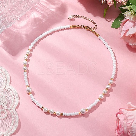 Shell Pearl Bead & Glass Seed Beads Beaded Necklaces for Women NJEW-MZ00073-01-1