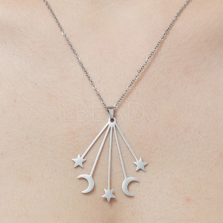 201 Stainless Steel Moon with Star Pendant Necklace NJEW-OY001-59-1