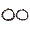 2Pcs 2 Styles Natural Lava Rock & Tiger Eye Round Beaded Stretch Bracelet Sets for Women Men BJEW-JB12248-2