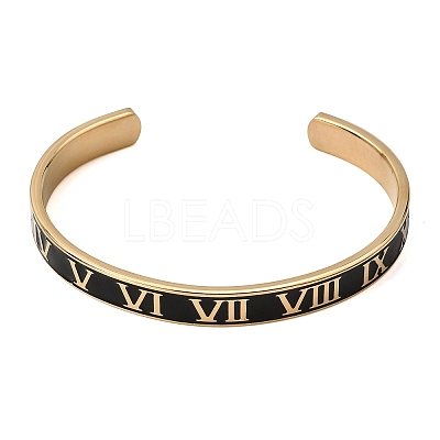 304 Stainless Steel Black Enamel Roman Numerals Open Cuff Bangles for Women SA-CBAC920-14G-1