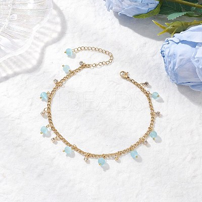 Cat Eye Round Tassel 304 Stainless Steel Twisted Chain Anklets for Women AJEW-AN00698-02-1