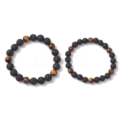 2Pcs 2 Styles Natural Lava Rock & Tiger Eye Round Beaded Stretch Bracelet Sets for Women Men BJEW-JB12248-1