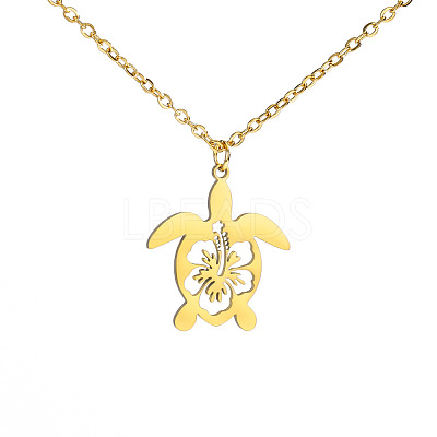 Ocean 304 Stainless Steel Hollow Floral Turtle Pendant Necklaces for Women WG89907-02-1