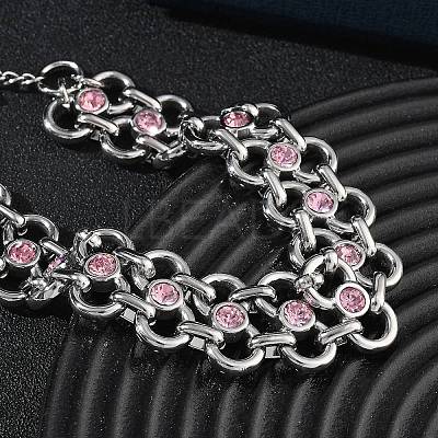 304 Stainless Steel Light Rose Rhinestone Bowknot Link Chain Bracelets SA-CBA2696-11P-1