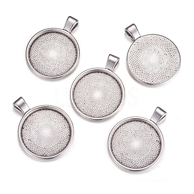 Flat Round Alloy Pendant Cabochon Settings PALLOY-A15654-AS-1