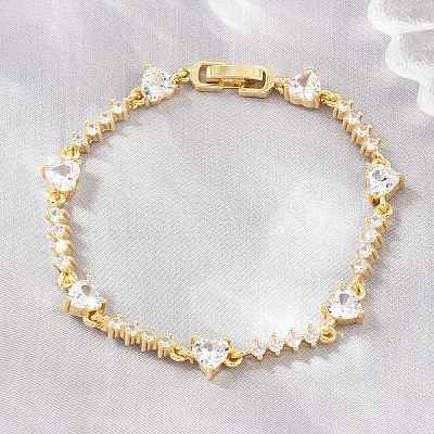 Brass Pave Cubic Zirconia Heart Link Chain Bracelets for Women KK-CBA68DA-10G-01-1