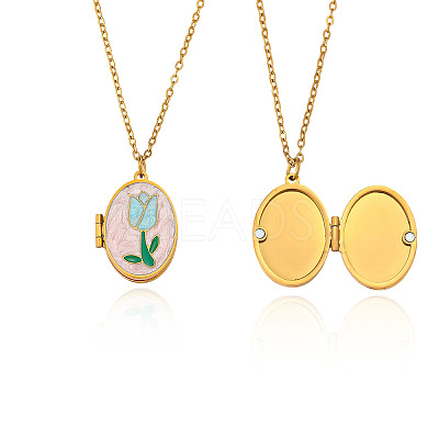304 Stainless Steel Enamel Geometric Magnetic Photo Locket Pendant Necklaces for Women WG980C2-02-1