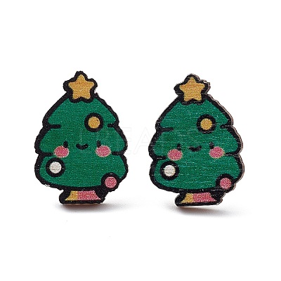 Christmas Printed Wooden Stud Earrings EJEW-D046-03-1
