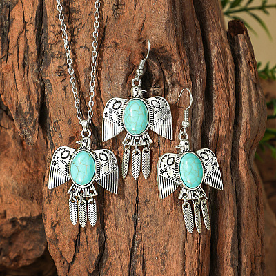 Bohemian Style Zinc Alloy & Synthetic Turquoise Pendant Necklaces & Dangle Earrings Sets WG40DB6-04-1