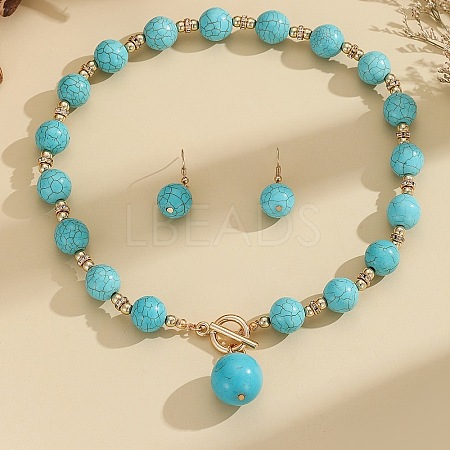 Bohemian Style CCB Plastic with Synthetic Turquoise Round Beaded Pendant Necklaces & Dangle Earrings Sets FS-WG8FAC9-01-1