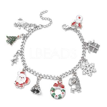 Christmas Tree & Deer & Wreath & Santa Claus Alloy Enamel Charm Bracelet BJEW-TA00252-1