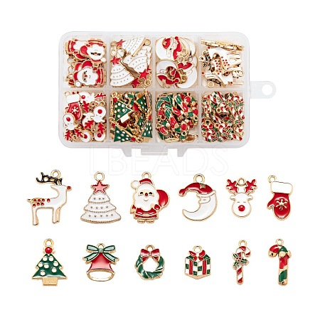 120Pcs 12 Style Light Gold Christmas Theme Alloy Enamel Pendants ENAM-LS0001-55-1