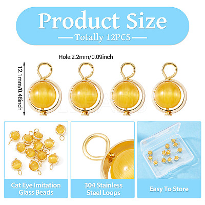 12Pcs Brass & Glass Imitation Cat Eye Round Charms PALLOY-TAC0237-02-1