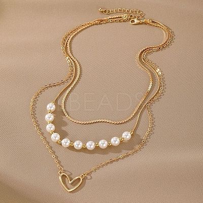 Heart Alloy & Plastic Imitation Pearl 3 Layer Necklaces for Women FS-WGA62EB-01-1