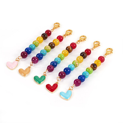5Pcs 5 Colors Alloy Enamel Heart Pendant Decorations HJEW-TA0001-27-1