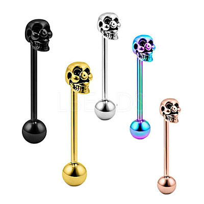 Skull 304 Stainless Steel Straight Barbell 15 Gauge Piercing Tongue Rings for Women Men FS-WG07D05-05-1