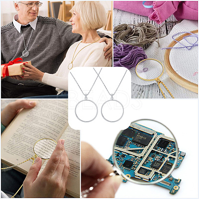 2Pcs Flat Round 5X Magnifying Glass Pendant Necklaces NJEW-SP0001-03P-1