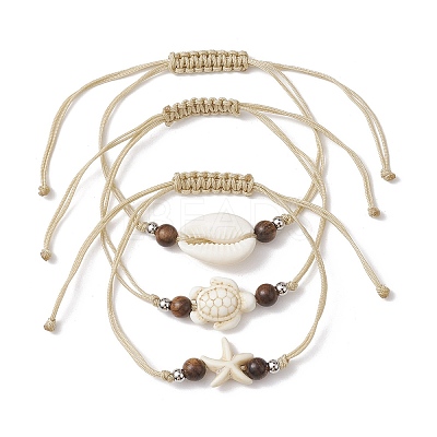 3Pcs 3 Styles Natural Shell & Synthetic Turquoise Braided Bead Bracelets Set BJEW-JB10024-1