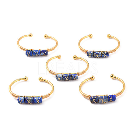 Natural Lapis Lazuli Triple Column Beaded Open Cuff Bangle BJEW-E377-01G-05-1