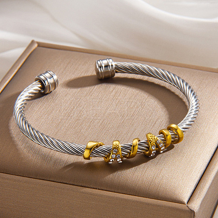 Duo Tone 304 Stainless Steel Crystal Rhinestone Open Cuff Bangles with Wrap Knot WGAAB88-03-1