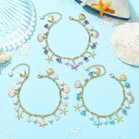 3Pcs 3 Styles Ocean Alloy Enamel Starfish Shell Charm 304 Stainless Steel Figaro Chain Anklets with Natural Amethyst & Rose Quartz & Synthetic Turquoise Chip Beads AJEW-AN00883-1