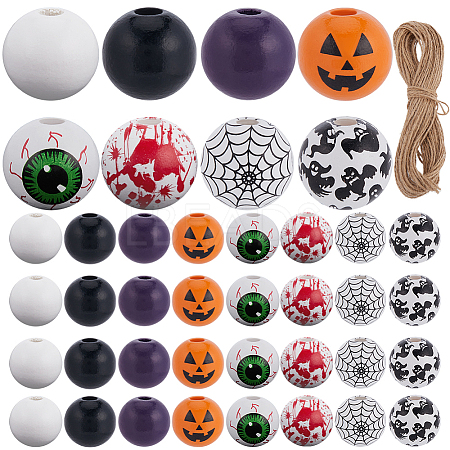 210Pcs 8 Styles Halloween Theme Printed Natural Wooden Beads WOOD-SP0001-07-1