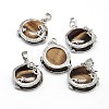 Flat Round with Dragon Platinum Tone Brass Natural Tiger Eye Pendants G-F228-24G-RS-1