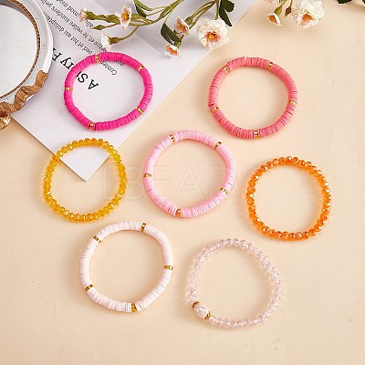 7Pcs 7 Style Handmade Polymer Clay Heishi Surfer Stretch Bracelets Set BJEW-SW00073-01-1